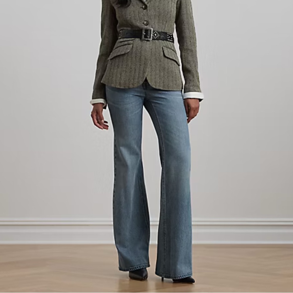 Ralph Lauren Women Size 0 Petite High Rise Flare Denim Jeans Expossed Button New - Picture 2 of 16